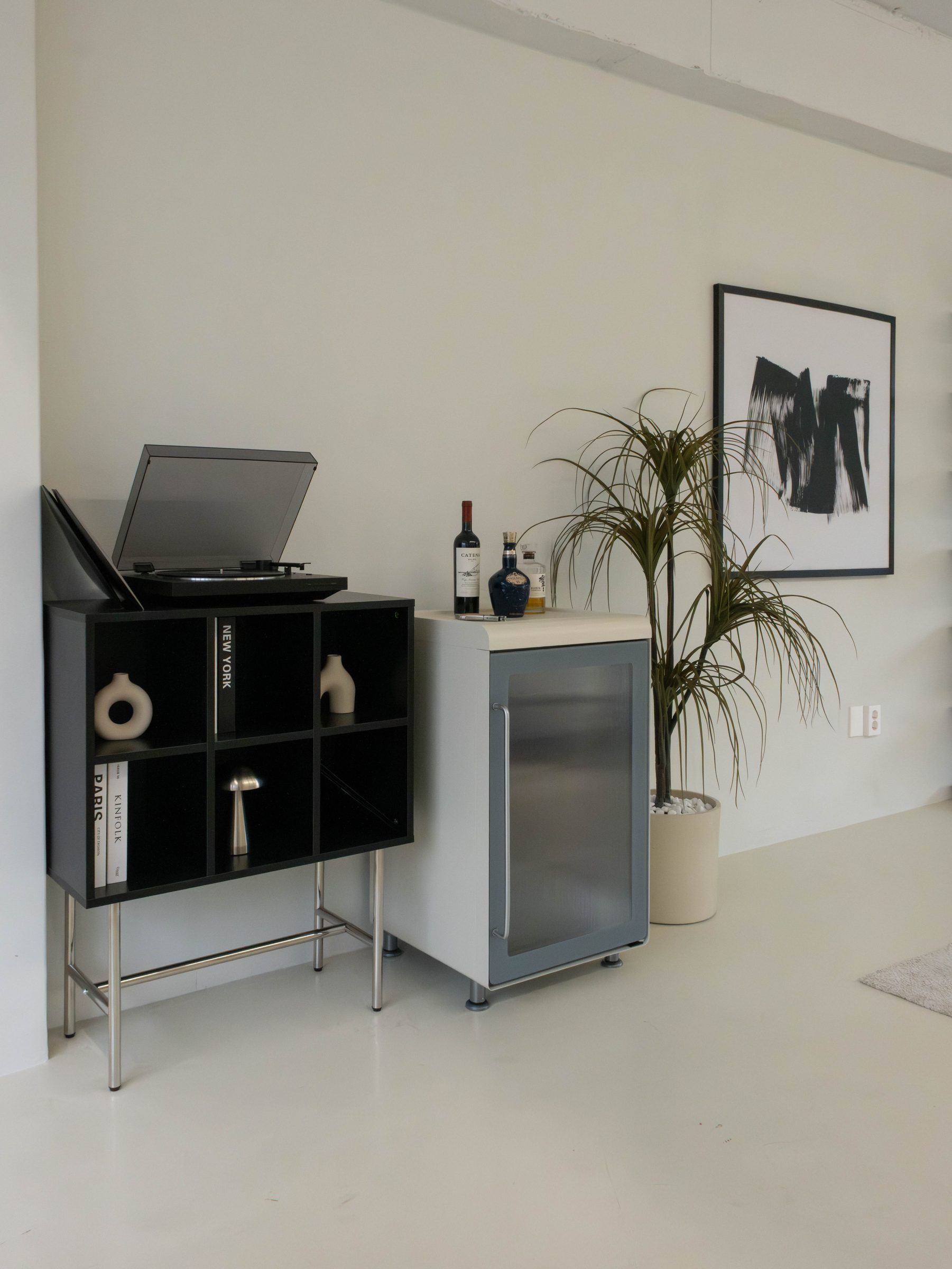 TERUVA wine cooler beside a record player and shelving